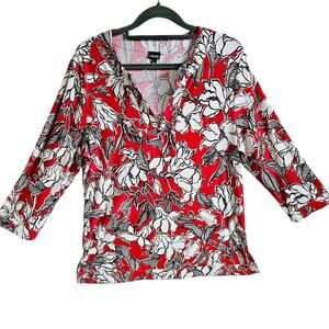 Raffaella Women's L Long Sleeve V-Neck Blouse Bright Red Doodle Flowers Floral